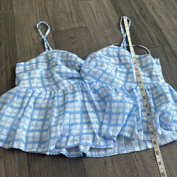 English Factory | Sleeveless Sequin Twist Front Plaid Flounce Tank - Picture 8 of 13